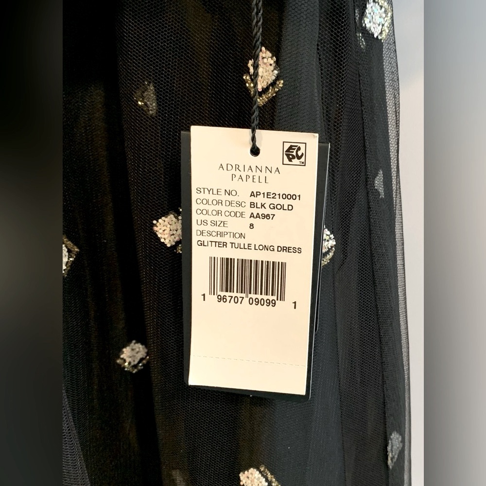 NWT, Adrianna Papell "Glitter Tulle Long Dress" in Black w/ Puff Sleeve, Size 8 - Picture 12 of 12